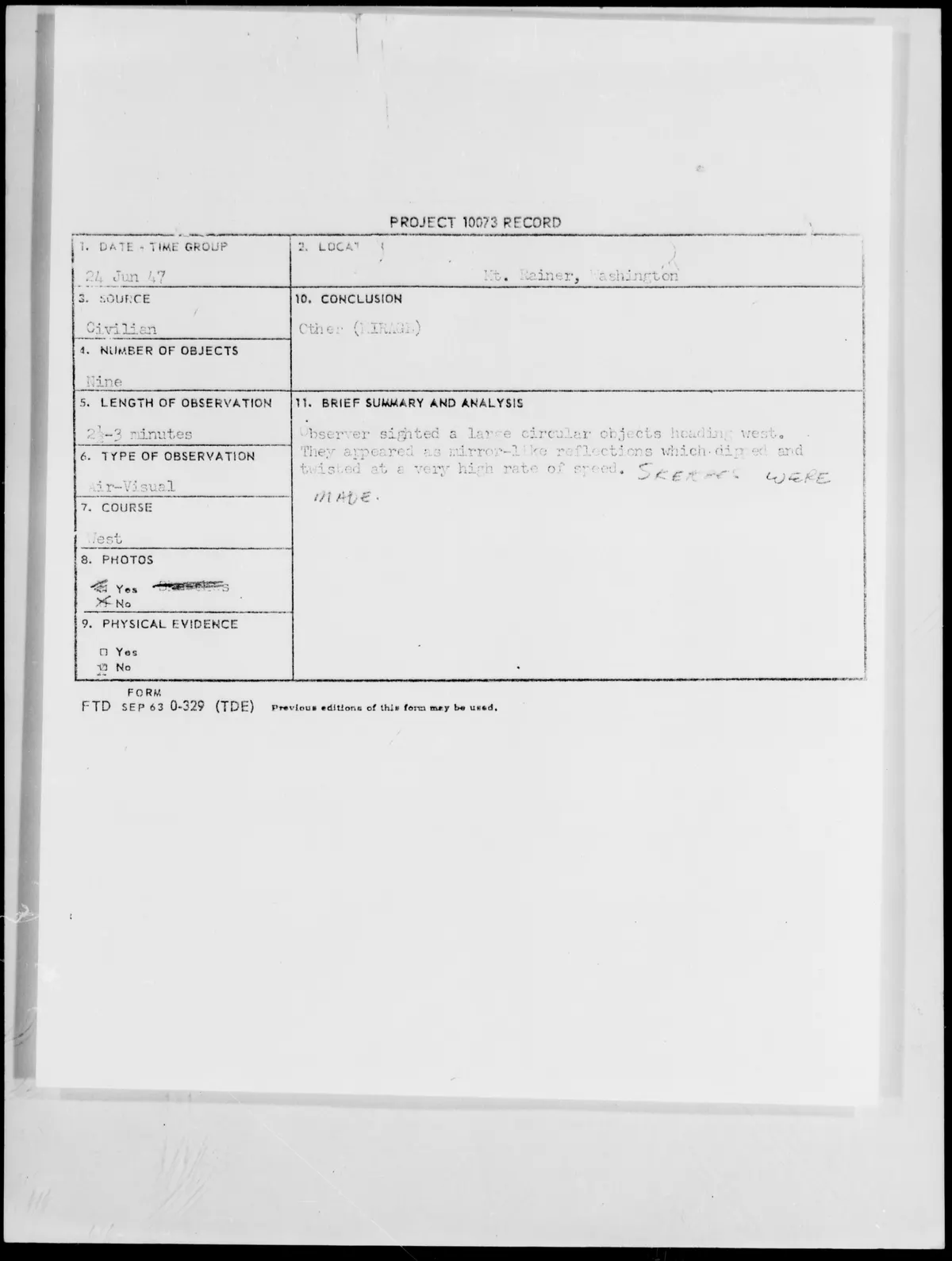 The final Project Blue Book record: "Other (MIRAGE)"