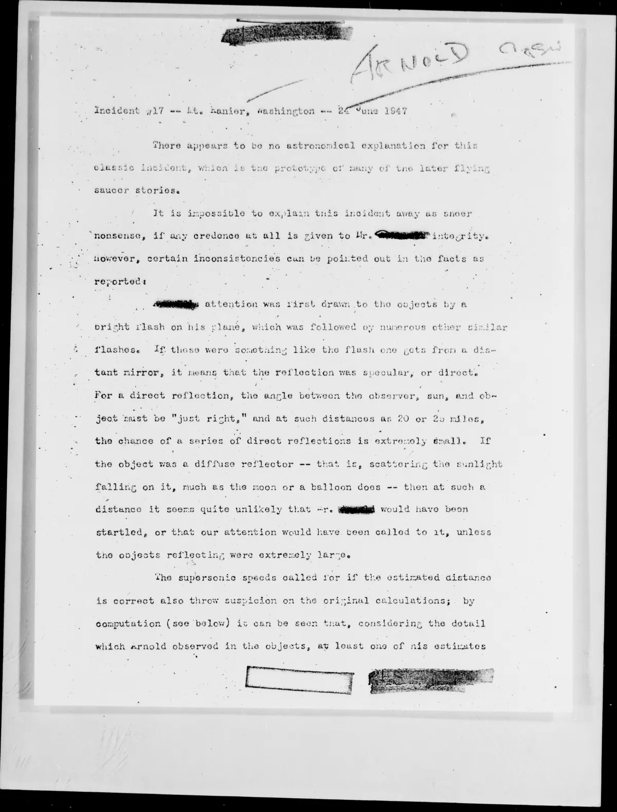 J. Allen Hynek's evaluation, "Incident #17"