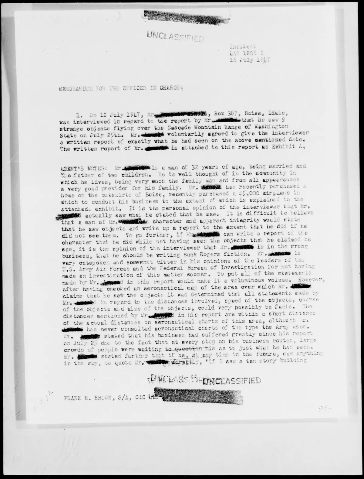 Memo by Special Agent Frank M. Brown (Counter Intelligence Corps), July 16, 1947